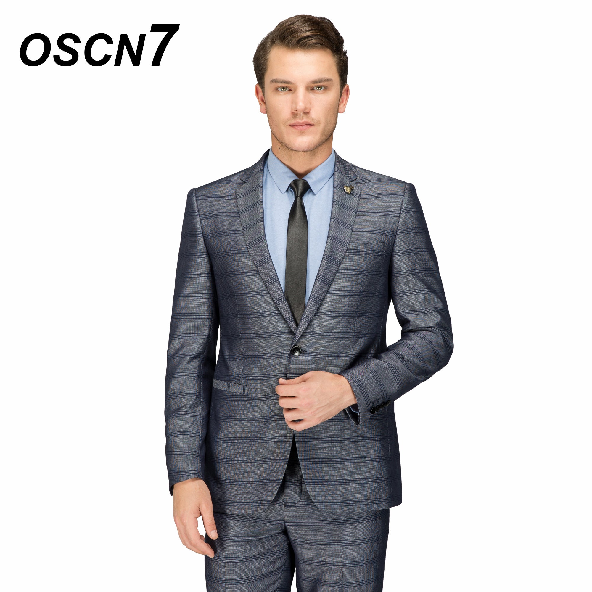OSCN7 Wool Striped Tailor Suit Men Gray Business