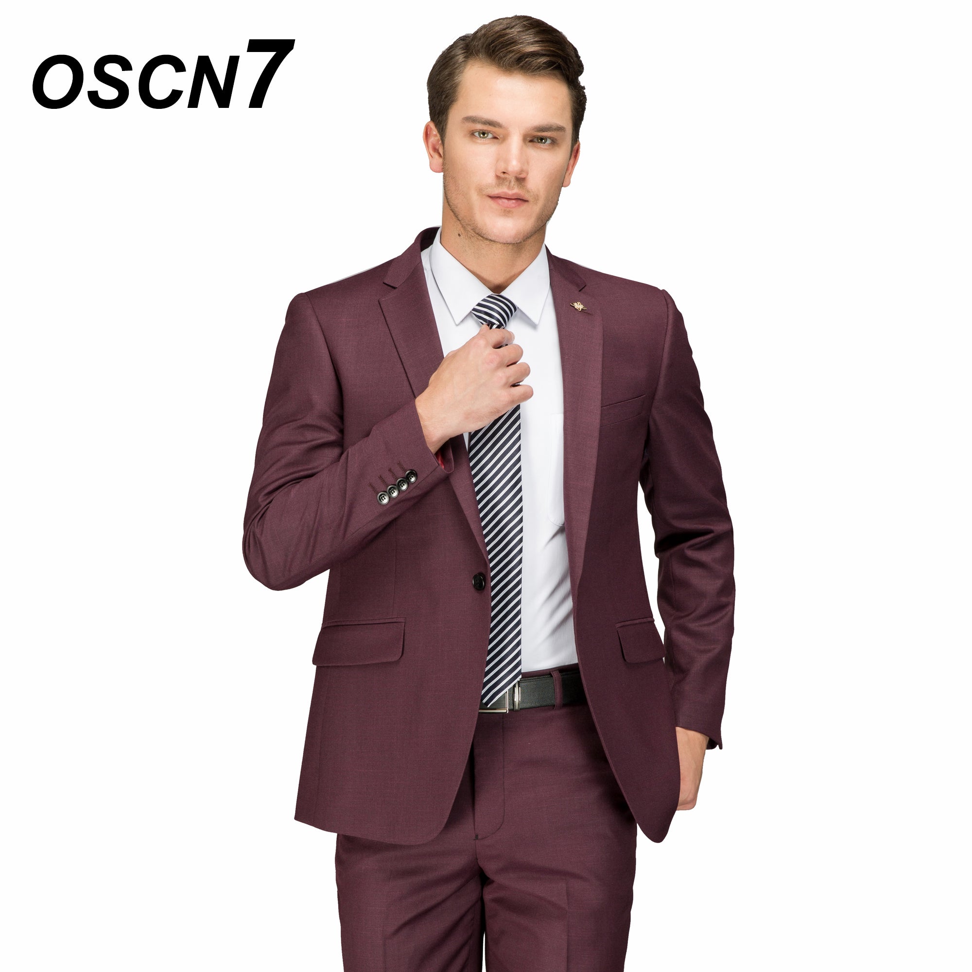 OSCN7 Wool Wine Red Tailor Made Suit Men Fashion